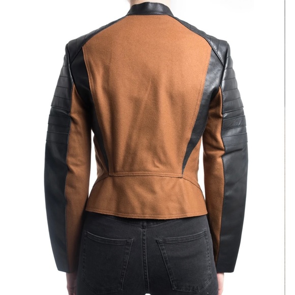 PHILLIP LIM BROWN WOOL & BLACK LEATHER MOTO JACKET - Picture 4 of 7